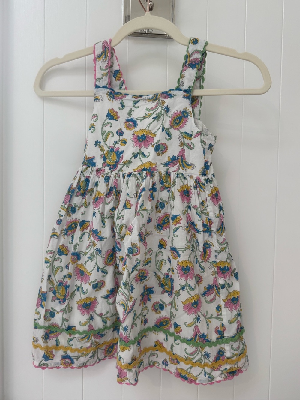 Mini Boden White Floral Dress with Pink, Yellow and Blue Accents